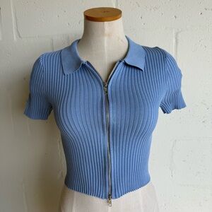 Double Zero Polo shirt Small Blue Knitted Ribbed Short  Sleeves Double Zipper